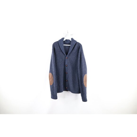 Vintage Lands End Large Leather Elbow Patch Wool Knit Shawl Cardigan Sweater